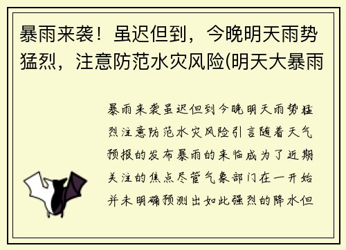 暴雨来袭！虽迟但到，今晚明天雨势猛烈，注意防范水灾风险(明天大暴雨预警)