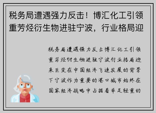 税务局遭遇强力反击！博汇化工引领重芳烃衍生物进驻宁波，行业格局迎来巨变