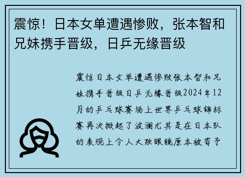 震惊！日本女单遭遇惨败，张本智和兄妹携手晋级，日乒无缘晋级