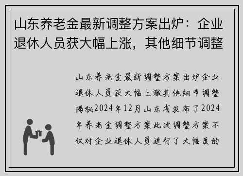 山东养老金最新调整方案出炉：企业退休人员获大幅上涨，其他细节调整揭秘
