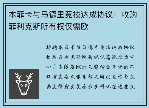 本菲卡与马德里竞技达成协议：收购菲利克斯所有权仅需欧