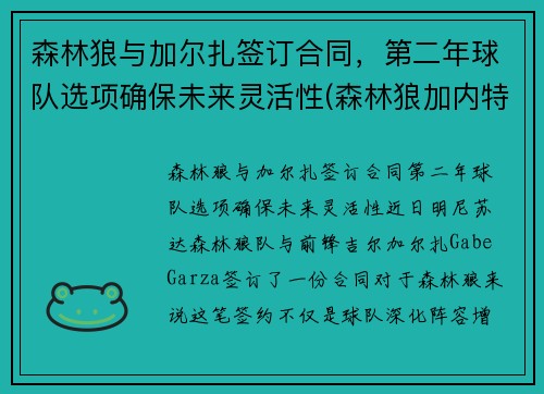 森林狼与加尔扎签订合同，第二年球队选项确保未来灵活性(森林狼加内特图片)
