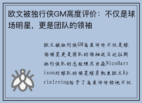 欧文被独行侠GM高度评价：不仅是球场明星，更是团队的领袖