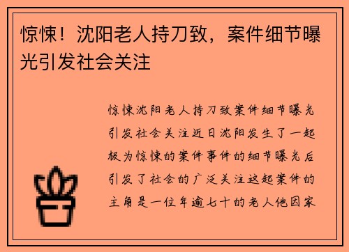 惊悚！沈阳老人持刀致，案件细节曝光引发社会关注